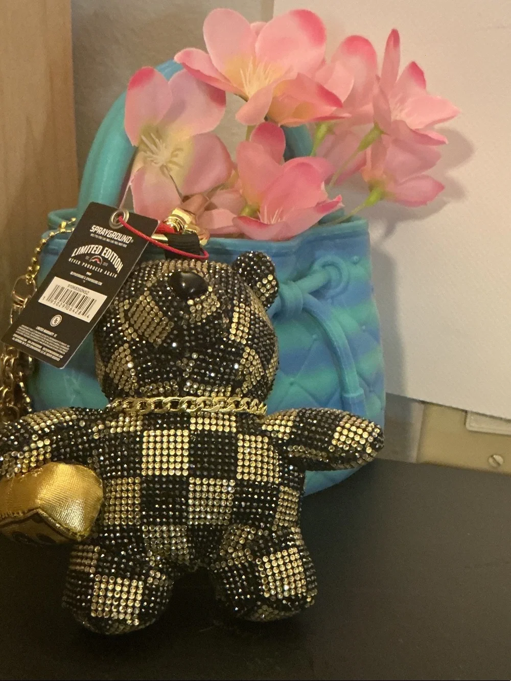 Sprayground LIMITED EDITION Black and Gold Crystal Teddy Bag Charm